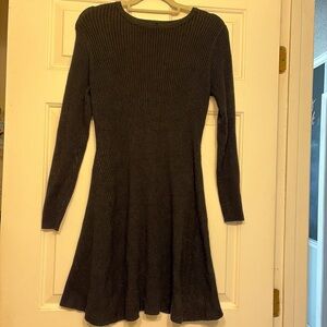 Ribbed Long Sleeve Fit-and-Flare Dress in Black
